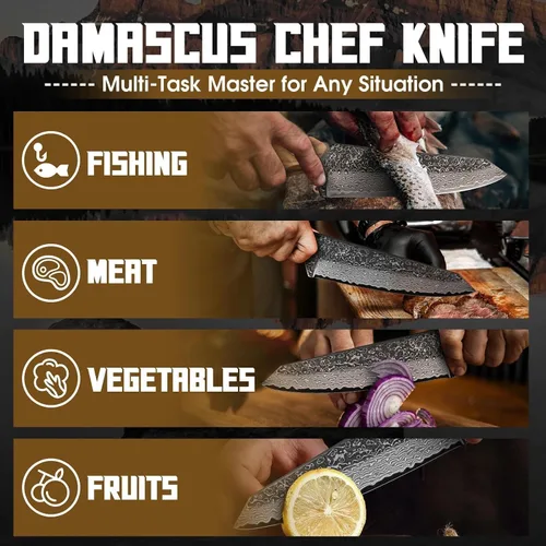 Vista 2 de TAN REN Cuchillo de chef de Damasco de 6 pulgadas con funda, cuchillo japonés Kiritsuke Cuchillo de cocina de Damasco de espiga completa con mango