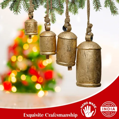 Vista 2 de Akatva Campanas de Navidad grandes para decoración – Campanas de vaca para decoración navideña rústica – Campanas doradas para decoraciones