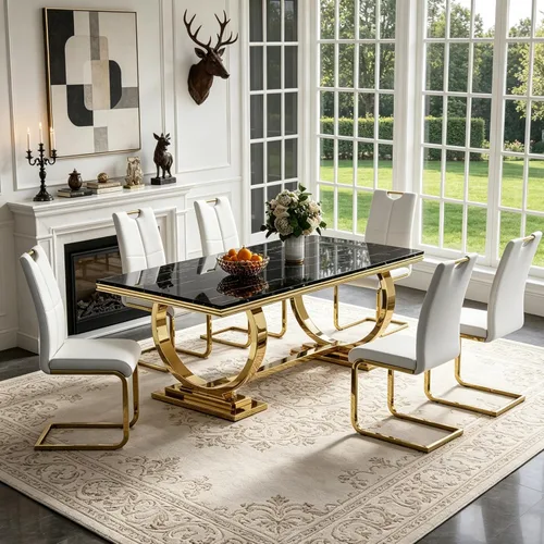 Vista 41 de 5 Piece Black Marble Dining Table Set for 4, Modern Faux Marble Kitchen Dining Room Tables with 4 Leather Chairs Set, 68.11" Luxury Rectangular