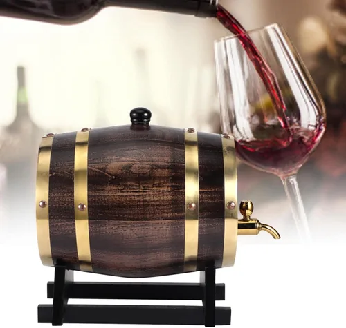 Vista 4 de Barril de whisky de madera, barril de envejecimiento de roble de 3 litros con 4 soportes y grifo, barril de vino tinto para cerveza casera
