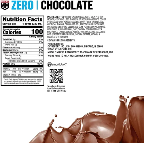 Vista 2 de Muscle Milk Zero Protein Shake, chocolate, botella de 11.16 onzas líquidas, paquete de 12, 0.03 onzas de proteína, cero azúcar, 100 calorías