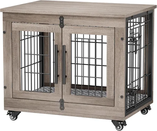 Vista 9 de YaFiti Mueble de jaula para perros con cojín, perrera de madera para interiores con puertas dobles, jaula para perros con ruedas, mesa auxiliar