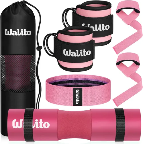 WALITO 8Pcs Barbell Pad Set for Hip Thrust - Squat Pad,Gym Accessories for Women with Bar Bad,Bench Press, with Gym Ankle Straps,Resistance Bands
