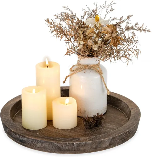 Vista 8 de Romadedi Bandeja de madera rústica con soporte para velas - Bandeja decorativa redonda de madera con pilar para velas para mesa de café, organizador