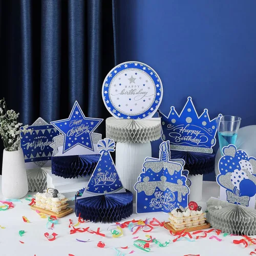 Vista 4 de Teling 9 piezas de decoración de mesa de feliz cumpleaños, decoraciones azules y plateadas, centros de mesa azul marino, centros de mesa de nido