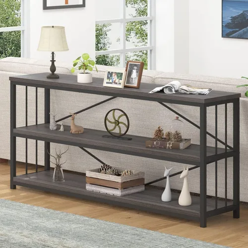 Vista 19 de LVB Mesa consola industrial, mesa de sofá de metal y madera, mesa de entrada rústica con almacenamiento, moderno estante de 3 niveles mesa larga