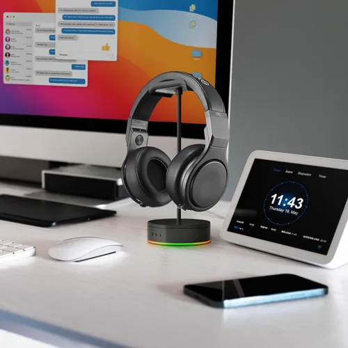 Vista 4 de X-FLOAT Soporte giratorio de exhibición de auriculares para escritorio con luces LED - Soporte giratorio para auriculares para juegos (negro)