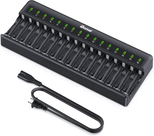 BONAI Cargador de baterías AA AAA de 16 bahías para baterías recargables NiMH Control independiente con luz LED y enchufe de carga AC americano
