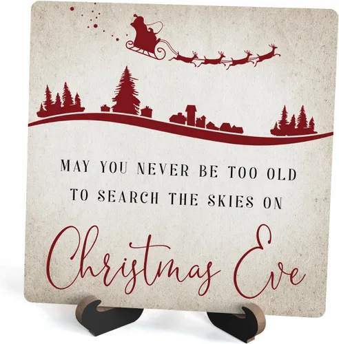 Vista 11 de Placa de madera navideña con soporte, letrero decorativo de escritorio con texto en inglés "Believe In The Magic" para casa de campo, oficina