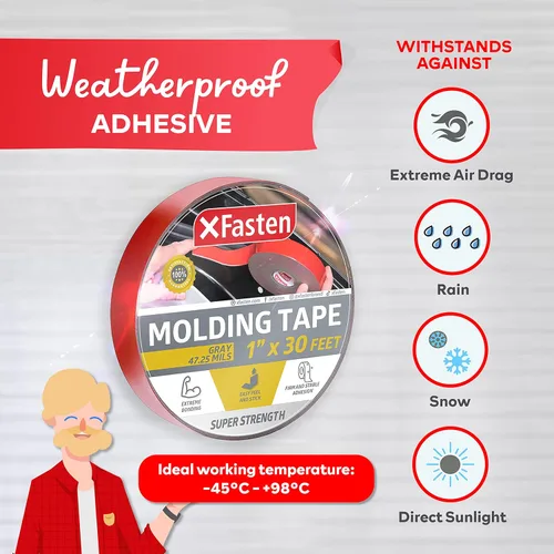 Vista 7 de XFasten Cinta de moldeo automotriz súper resistente, gris, 1 pulgada x 30 pies, cinta de montaje exterior de doble cara para moldeo de carrocería