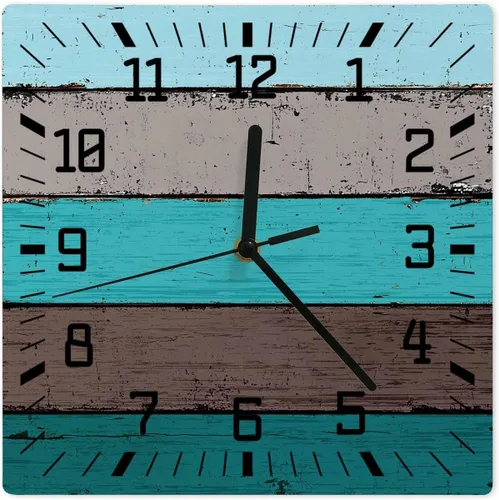 Aqua Wooden Wooden Wall Clock Silent Non Ticking, Grey Stripe Gradient Country Rustic Grain Square Wall Clocks Battery Operated, Decor Clock for