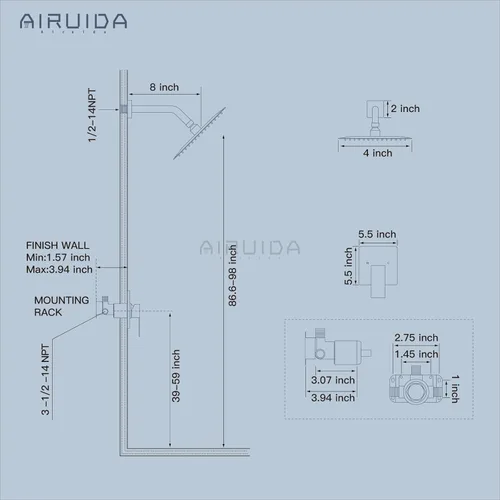 Vista 6 de Airuida Juego de grifo de ducha para baño, sistema de ducha de lluvia SUS304 de acero inoxidable con mango único, roscas macho, válvula