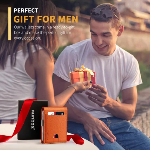 Vista 6 de RUNBOX - Carteras delgadas para hombre, cartera de piel con pinza para el dinero, cartera de bolsillo frontal con bloqueo RFID, tarjetero