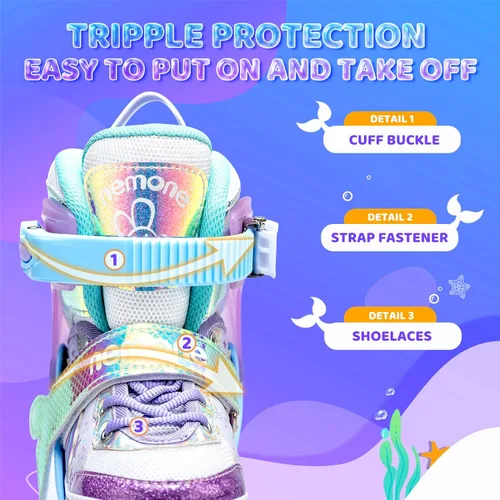 Vista 5 de NEMONE - Patines de sirena con ruedas iluminadas y 4 tamaños ajustables para niñas, azul y morado, para niños pequeños, para principiantes