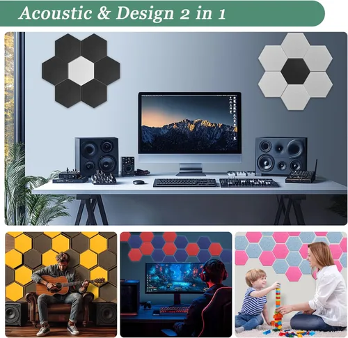 Vista 6 de Paneles acústicos hexagonales, paquete de 12 paneles de absorción de sonido de alta densidad de 12 x 10 x 0.4 pulgadas para mejorar la reducción