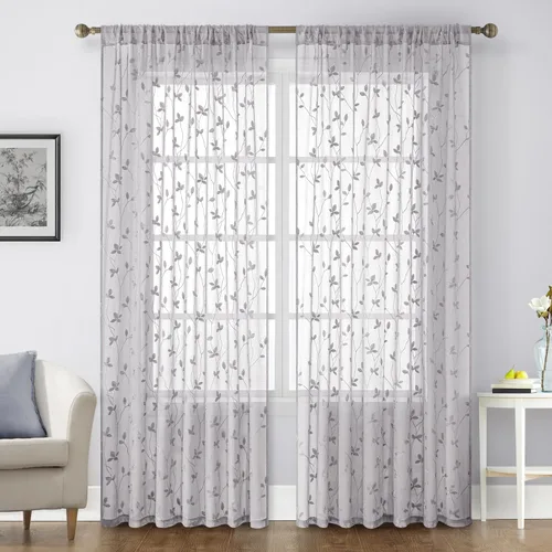 Vista 28 de HOMEIDEAS Cortinas traslúcidas amarillas de 84 pulgadas de largo, 2 paneles de cortinas bordadas con patrón floral amarillo y blanco, cortinas