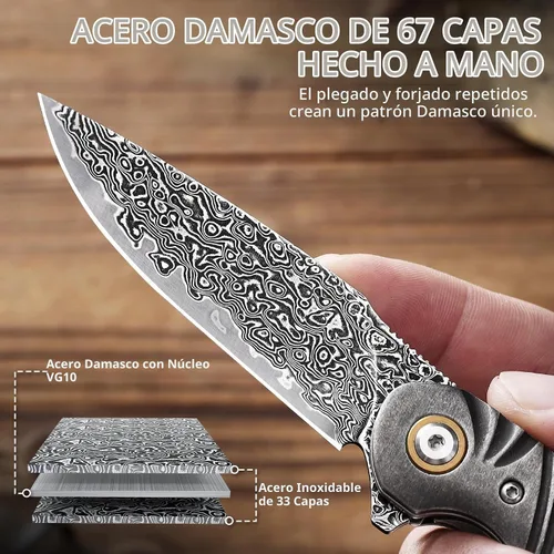 Vista 5 de Omesio Cuchillo de bolsillo plegable de Damasco, hoja de acero de damasco de 3.27 pulgadas, mango de palisandro, cuchillo EDC con clip y funda