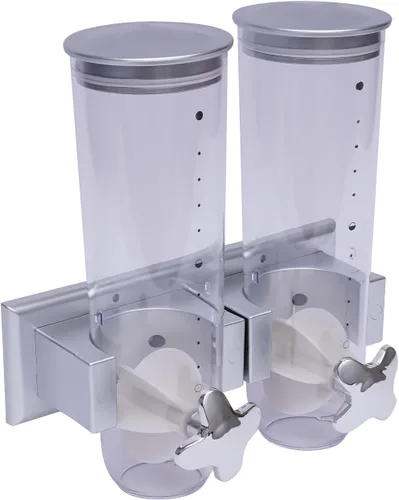 Vista 6 de Dispensador de cereales doble de montaje en pared de 3 litros, dispensadores de alimentos de doble control, recipiente de almacenamiento de plateado