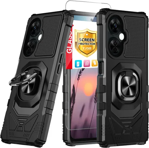 TJS Funda compatible con OnePlus Nord N30 5G, con protector de pantalla de vidrio templado, anillo de metal, soporte magnético resistente contra