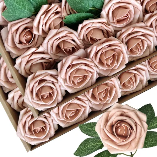 Vista 14 de 25 piezas Flores Artificiales de Espuma Rosas Falsas con Tallos 8 Hojas Rosas Sintéticas de Aspecto Real para Ramos de Boda Centros de Mesa de Negro