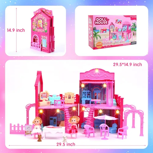 Vista 2 de Casa de muñecas, con 4 habitaciones, 2 muñecas, accesorios de muebles de juguete, área de juego para mascotas, tobogán, conjunto de casa de muñecas