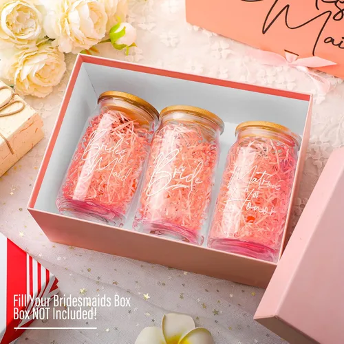 Vista 5 de Inbagi 8 tazas de café helado para regalos de dama de honor con tapas de bambú y popote de vidrio de 16 onzas, vasos con forma de lata de novia