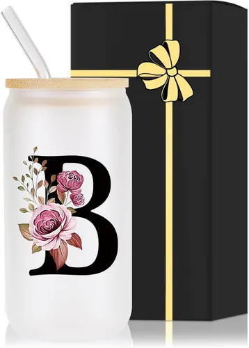 Vista 9 de Vaso de vidrio con monograma con tapa de bambú, popote personalizado, vaso de café helado de 16 onzas, tarro transparente de masón, cerveza, agua