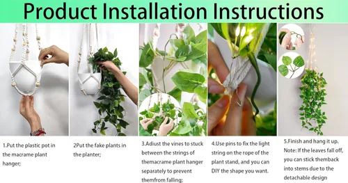 Vista 3 de Comtelek Colgador de macramé para plantas con luces, cesta colgante de interior con cuentas de madera, soporte para maceta, borlas de cuerda