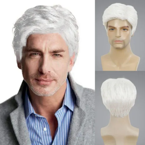 Vista 70 de Kaneles Peluca corta gris de repuesto sintético para hombre, disfraz de Halloween, cabello natural suave en capas (gris)