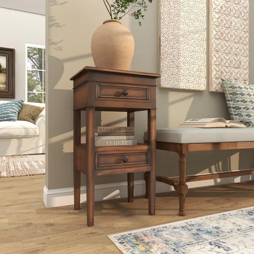 Vista 9 de Deco 79 Mesa auxiliar de madera, 2 cajones y 1 estante auxiliar, mesa auxiliar de 16 x 12 x 29 pulgadas, color marrón