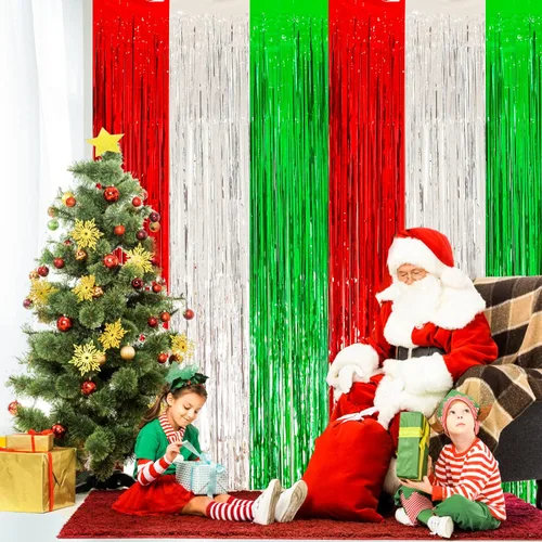 Vista 6 de Lansian 2 Pack Christmas Foil Fringe Curtains Party Decoration Tinsel Photo Backdrop, 3.2 x 8.2 ft Red Silver Green Photobooth Props Background for
