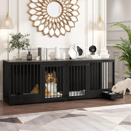 Mueble estilo jaula para perros grande para 2 perros, perrera de madera resistente de 86.6" con cajones y divisor para comedero de perros, perrera