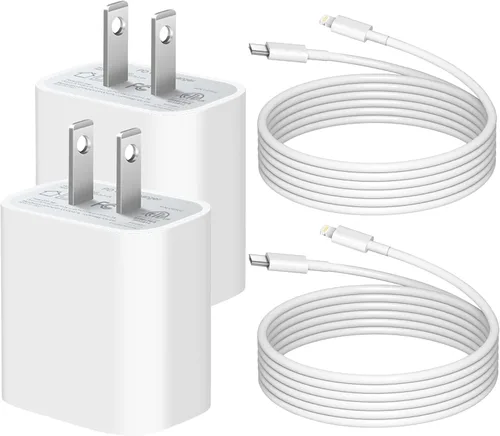 Cargador súper rápido para iPhone 12 13 14 certificado Apple MFi Cargador USB C de 2 unidades de 20 W, cargador de pared rápido negro con cable de 6