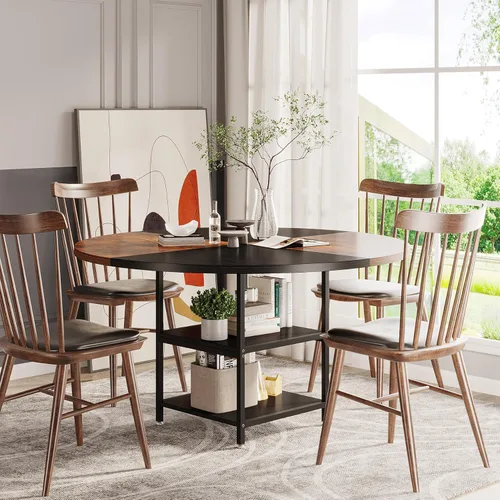Vista 9 de Tribesigns Mesa de comedor redonda de 47 pulgadas para 4 personas, mesas de comedor circulares con estantes de almacenamiento y parte superior