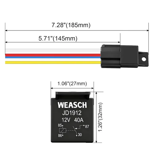 Vista 6 de Paquete de 2 arneses de relé para automóvil JD1912, 12V 40A, SPST de 4 pines, enchufes de arnés de 12 AWG, interruptores y arrancadores