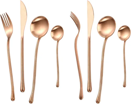 Vista 15 de JASHII Juego de cubiertos de lujo de acero inoxidable 18/10, color negro, 24 piezas, tenedor, cuchara, mango redondo, acabado satinado, diseño