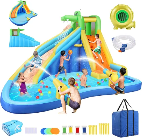 Vista 10 de AKEYDIY Tobogán acuático inflable: cubo de volteo, caseta de rebote de agua, parque de tobogán acuático inflable con piscina de salpicaduras, pared