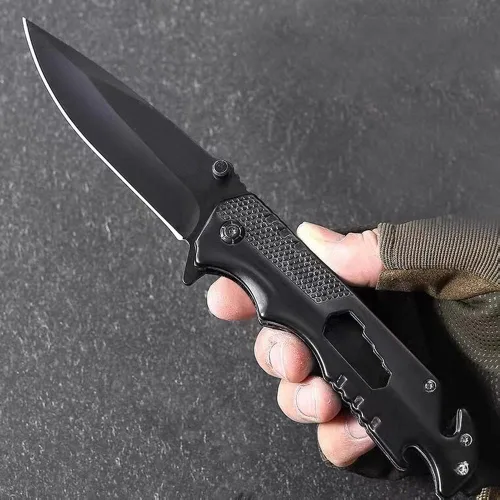 Vista 6 de Cuchillo plegable multiherramienta 5 en 1, acero inoxidable, negro, cuchillo de camping con abridor de botellas, rompedor de vidrio, cortador