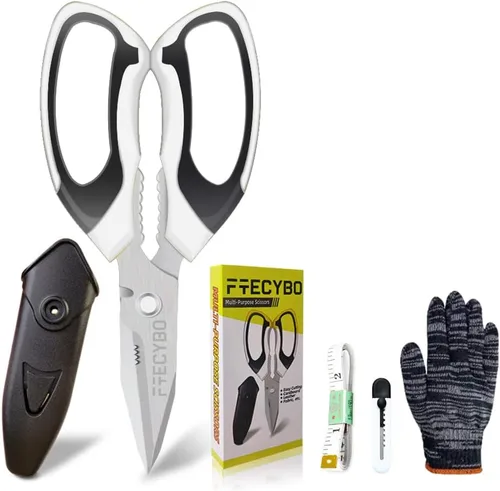 Vista 8 de Tijeras de acero inoxidable ultra afiladas, tijeras resistentes con cubierta protectora, tijeras para alfombras multiusos, cartón de fácil corte