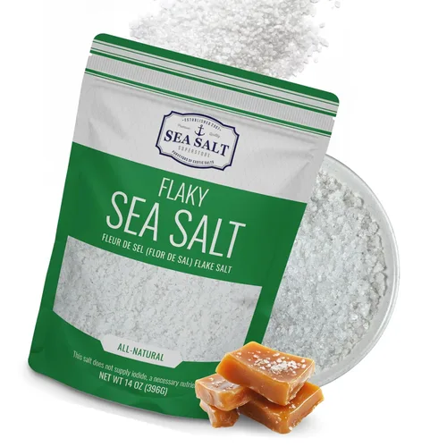 Vista 10 de Copos de Sal Marina Recolectados a Mano, Baja Fleur de Sel, para Hornear, Cocinar y Pescar, Bolsa de 7 oz