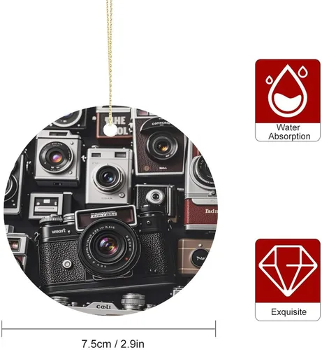 Vista 2 de Retro Cool Camera CollectionChristmas Ornaments Christmas Round Ceramic Pendant Christmas Hanging Decor for Women Men Xmas Tree Decorations Keepsake