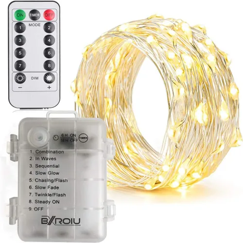 Vista 7 de BXROIU 2 x Luces de Hadas a Batería, Cadenas de Alambre Plateado 8 Modos 16Ft/5Metro 50 LEDs Luces de Cadena con Temporizador con Control Remoto
