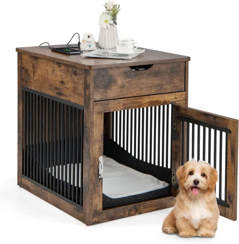 PETSITE Muebles estilo jaula para perros, mesa auxiliar decorativa para perreras con estación de carga USB e inalámbrica, cajón de almacenamiento,