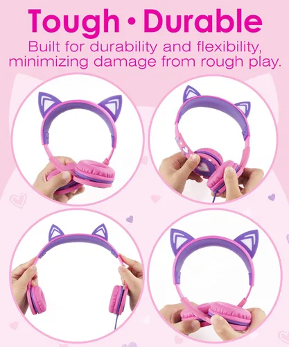 Vista 3 de FosPower Audífonos para niños con orejas de gato LED (límite de volumen seguro de 85dB), audífonos con cable suave de 3.5mm con orejeras y cables