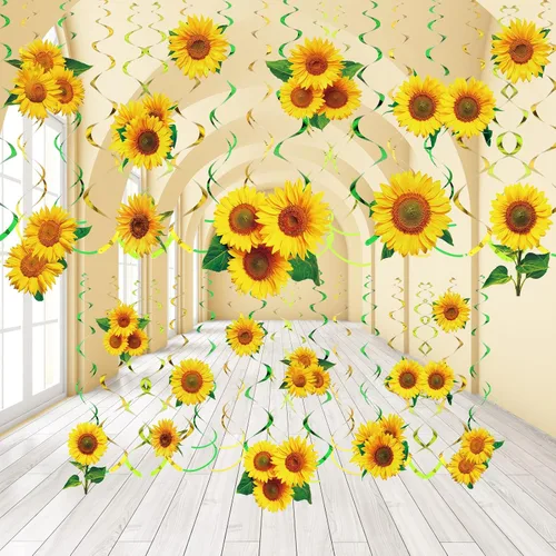Spakon 30 piezas de remolinos colgantes de girasol, remolinos de papel de aluminio, decoración de pared de techo para cumpleaños temático,