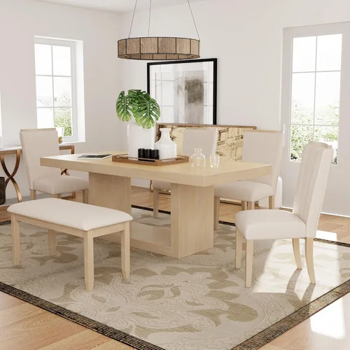 Vista 21 de Juego de mesa de comedor de 6 piezas estilo granja, mesa rectangular con soporte y 4 sillas tapizadas y banco, juego de muebles de cocina