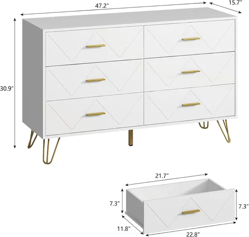 Vista 18 de Cómoda de 7 cajones para dormitorio, color blanco con patas y asas doradas, cómoda de madera, cómoda moderna para sala de estar, pasillo, guardería