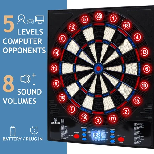 Vista 6 de Diana electrónica Ekaronis con 34 juegos, 355 variaciones con 12 dardos, diana iluminada, almacenamiento para 12 dardos