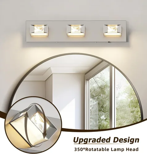 Vista 4 de Joossnwell Lámpara de tocador de baño de níquel cepillado con cristal, iluminación LED regulable de 5CCT para baño, sobre espejo