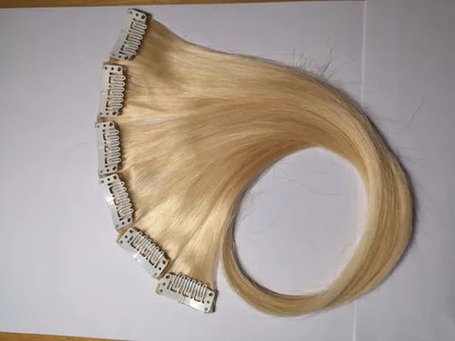 Vista 7 de Extensiones de cabello humano con clip, de 18 pulgadas, rubio decolorado, 100% real, extensiones de cabello con clip para mujer, 6 piezas de cabello